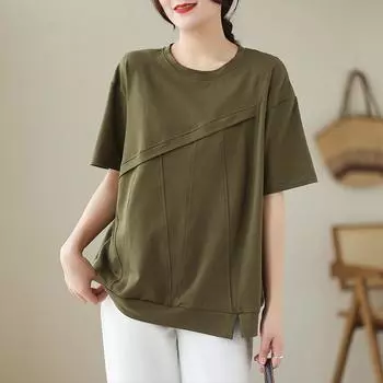 Dimanaf 2024 футболка больших размеров, модная летняя женская хлопковая футболка в повседневном стиле, базовые свободные топы, футболки с круглым вырезом, однотонная рубашка