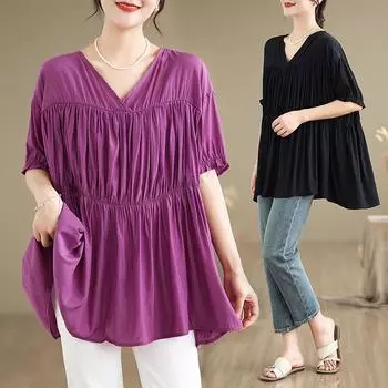 Dimanaf 2024 футболка больших размеров, модная летняя женская хлопковая футболка в повседневном стиле, базовые свободные топы, футболки с v-образным вырезом, однотонная рубашка