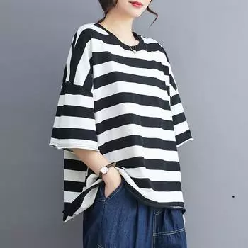 DIMANAF 2024 футболка больших размеров модная летняя женская полосатая хлопковая рубашка в повседневном стиле базовые свободные топы рубашка с круглым вырезом