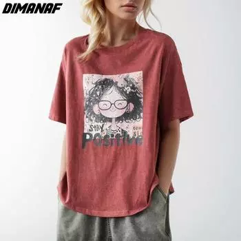 Dimanaf 2024 футболка больших размеров модная летняя женская хлопковая свободная повседневная стильная базовая футболка футболки с круглым вырезом рубашка с принтом