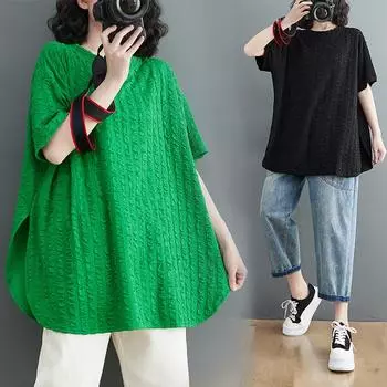 DIMANAF 2024 футболка больших размеров повседневная рубашка женская с коротким рукавом летние свободные стильные топы с круглым вырезом однотонные базовые рубашки