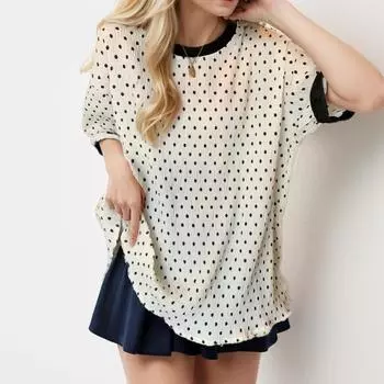 DIMANAF 2024 футболка больших размеров повседневная рубашка с круглым вырезом женская с коротким рукавом летние свободные стильные топы блузка в горошек