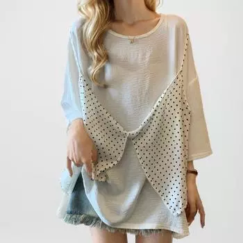 DIMANAF 2024 футболка больших размеров повседневная рубашка женская с коротким рукавом летние свободные стильные топы модная блузка в горошек