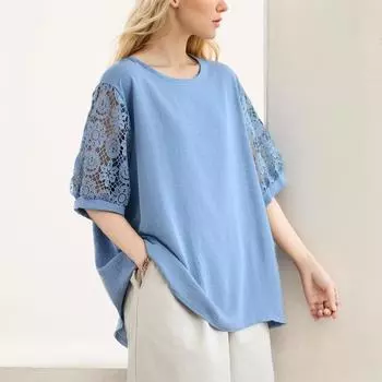 DIMANAF 2024 футболка больших размеров повседневная рубашка женская с коротким рукавом летние свободные стильные топы однотонные кружевные рубашки с круглым вырезом