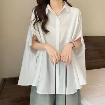 Dimanaf 2024 футболка больших размеров повседневная рубашка женская с коротким рукавом летние свободные стильные топы однотонная модная блузка на пуговицах