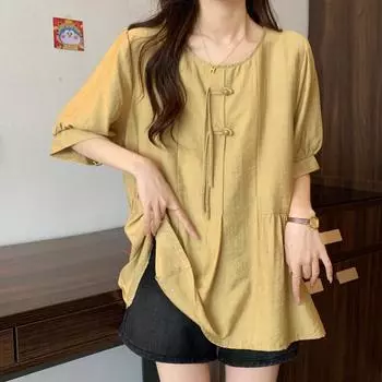 DIMANAF 2024 футболка больших размеров повседневная льняная женская рубашка с коротким рукавом летние свободные стильные топы однотонная модная блузка