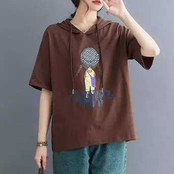 Dimanaf 2024 футболка больших размеров шляпа летние женские белые хлопковые повседневные свободные топы с капюшоном дизайнерская рубашка с принтом