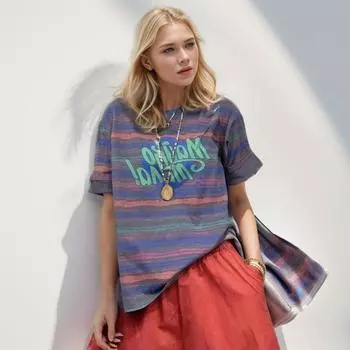 DIMANAF 2024 футболка больших размеров женские топы свободные хлопковые футболки с буквенным принтом в полоску летние футболки с короткими рукавами и круглым вырезом 4XL