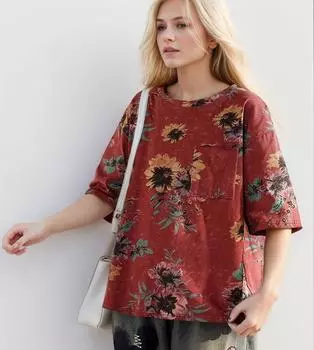 DIMANAF 2024, футболка больших размеров, женские топы, свободные хлопковые футболки с карманами в полоску, летние футболки с короткими рукавами, красная рубашка с круглым вырезом, 4XL