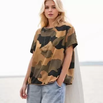 DIMANAF 2024 футболка больших размеров женские топы свободные хлопковые камуфляжные летние футболки с короткими рукавами рубашка с круглым вырезом