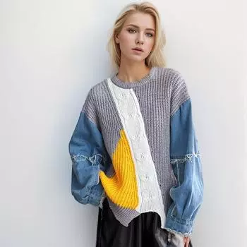 DIMANAF 2024 футболка, осенние женские свитера, джинсовый пуловер с круглым вырезом в стиле пэчворк, вязаный базовый синий модный свободный свитер One Size серый