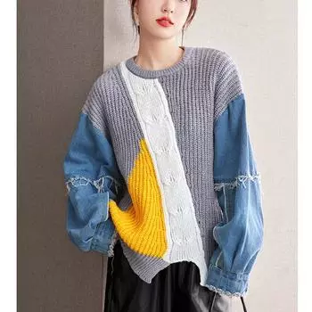 DIMANAF 2024 Футболка Женские свитера Джинсовый О-образный вырез Лоскутный пуловер Вязаный Базовый Синий Модный Свободный свитер One Size серый