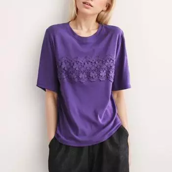 DIMANAF 2024 кружевная футболка летние женские однотонные хлопковые свободные топы в повседневном стиле