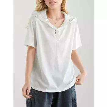 DIMANAF 2024 кружевная футболка шляпа летние женские однотонные белые хлопковые свободные топы в повседневном стиле One Size белый