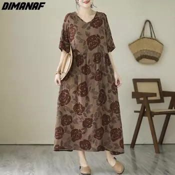 DIMANAF 2024, летнее длинное платье больших размеров, пляжное женское свободное платье с цветочным принтом, винтажное элегантное женское платье с принтом One Size коричневый