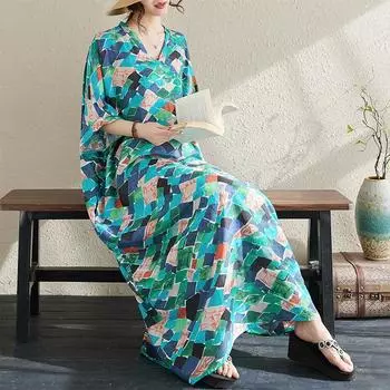 DIMANAF 2024 летнее длинное платье больших размеров, пляжное женское платье с v-образным вырезом и цветочным принтом, праздничное повседневное мягкое льняное свободное платье макси One Size