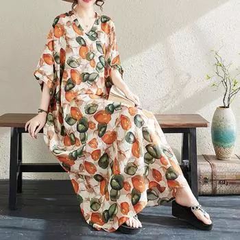 DIMANAF 2024 летнее длинное платье больших размеров, пляжное женское платье с v-образным вырезом и цветочным принтом, праздничное оранжевое повседневное мягкое синее льняное свободное платье макси One Size