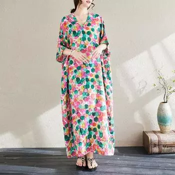 DIMANAF 2024, летнее длинное платье больших размеров, женское платье с v-образным вырезом и цветочным принтом, праздничные пляжные льняные свободные платья макси One Size