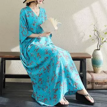 DIMANAF 2024, летнее длинное платье больших размеров, пляжное женское платье с v-образным вырезом и цветочным принтом, праздничное повседневное мягкое синее льняное свободное платье макси One Size