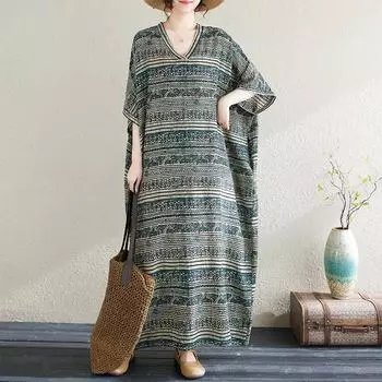 DIMANAF 2024, летнее длинное платье больших размеров, пляжное женское пляжное платье с цветочным принтом, праздничное повседневное синее льняное свободное платье макси с v-образным вырезом