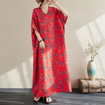 DIMANAF 2024, летнее длинное платье больших размеров, пляжное женское платье с v-образным вырезом и цветочным принтом, праздничное повседневное мягкое красное льняное свободное платье макси One Size