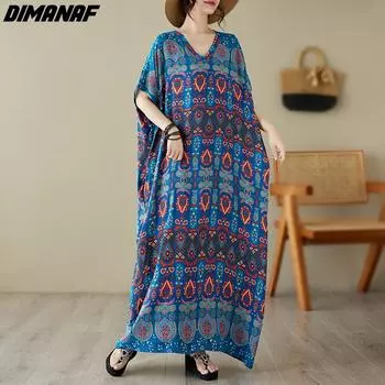 DIMANAF 2024, летнее длинное платье больших размеров, пляжное женское платье с v-образным вырезом и цветочным принтом, праздничные повседневные свободные платья из мягкого хлопка