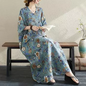 DIMANAF 2024, летнее длинное платье больших размеров, пляжное женское платье с v-образным вырезом и цветочным принтом, праздничные мягкие льняные свободные макси-платья One Size