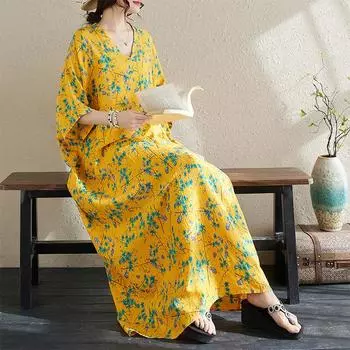 DIMANAF 2024, летнее длинное платье больших размеров, пляжное женское платье с v-образным вырезом и цветочным принтом, праздничное желтое повседневное мягкое льняное свободное платье макси One Size