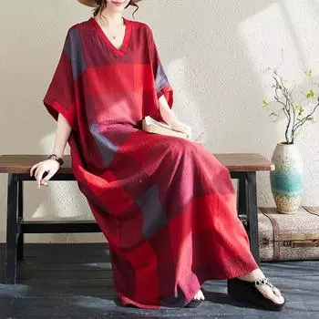 DIMANAF 2024, летнее длинное платье больших размеров, пляжное женское платье с v-образным вырезом и цветочным принтом, праздничное повседневное мягкое красное льняное свободное платье макси One Size