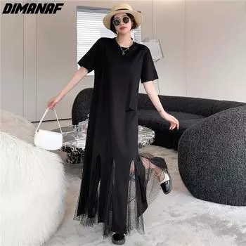 DIMANAF 2024, летнее длинное платье больших размеров, женское повседневное свободное хлопковое платье с волнистой точкой, модное черное платье с короткими рукавами