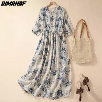 DIMANAF 2024, летнее длинное платье больших размеров, пляжное женское синее платье с цветочным принтом, праздничная мода, повседневное, мягкие тонкие свободные платья