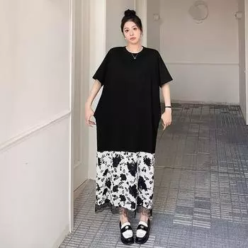 DIMANAF 2024, летнее платье больших размеров, женское модное хлопковое свободное платье с круглым вырезом и короткими рукавами, карманами, длинное искусственное платье из двух предметов