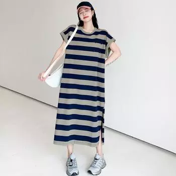 DIMANAF 2024 летнее платье больших размеров женское полосатое свободное хлопковое платье с принтом повседневное с круглым вырезом с коротким рукавом и длинным разрезом платье