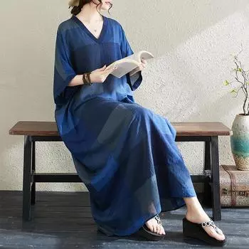 DIMANAF 2024, летнее платье больших размеров, пляжное женское платье с v-образным вырезом и цветочным принтом, праздничное клетчатое повседневное свободное платье макси из мягкого льна в горошек One Size