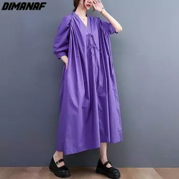 DIMANAF 2024 летнее платье больших размеров женское свободное повседневное однотонное с v-образным вырезом элегантное модное женское длинное платье фиолетовое платье на пуговицах