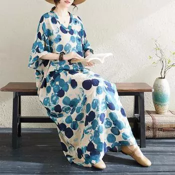 DIMANAF 2024, летнее платье больших размеров, пляжное женское платье макси с v-образным вырезом и цветочным принтом, праздничные мягкие синие льняные свободные платья в горошек One Size