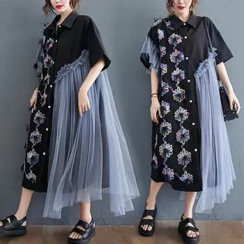 DIMANAF 2024 летнее платье больших размеров, новые женские повседневные кружевные сетчатые плиссированные женские длинные свободные платья с цветочным дизайном One Size чёрный