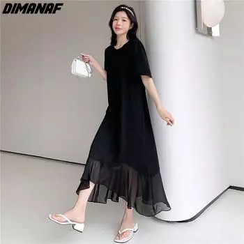 DIMANAF Плюс Размер Летнее Платье Женское Длинное Платье Шифон Повседневный Свободный Однотонный Черный Винтаж Элегантное Женское Платье XL чёрный