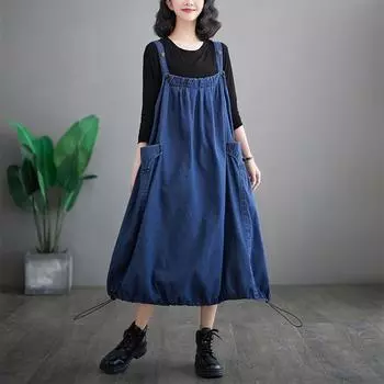 DIMANAF 2024 летнее платье больших размеров женское джинсовое свободное длинное платье винтажное повседневное темно-синее без рукавов оверсайз