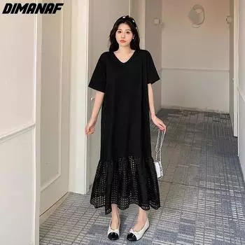 DIMANAF 2024 летнее платье больших размеров женское хлопковое черное свободное платье с короткими рукавами винтажное элегантное повседневное длинное платье