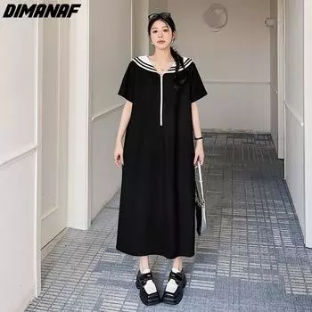 DIMANAF 2024 летнее платье больших размеров женское хлопковое свободное длинное платье с коротким рукавом повседневное платье черного цвета