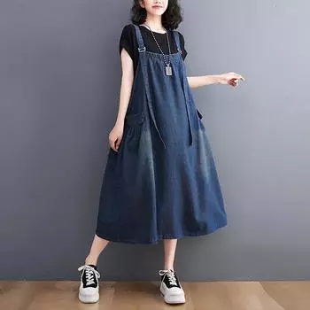 DIMANAF 2024 летнее платье больших размеров женское джинсовое свободное длинное платье винтажное повседневное базовое без рукавов оверсайз XL синий