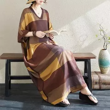 DIMANAF 2024 летнее платье больших размеров, пляжное женское пляжное платье с v-образным вырезом и цветочным принтом, праздничное повседневное мягкое льняное желтое свободное платье макси One Size