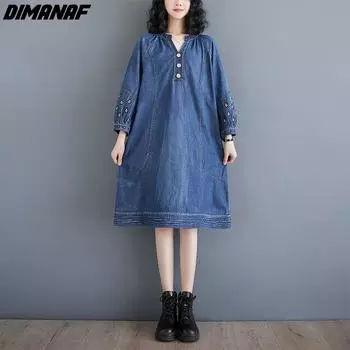 DIMANAF 2024, летнее платье больших размеров, женское джинсовое платье, свободное платье с длинными рукавами и цветочной вышивкой, винтажное повседневное платье