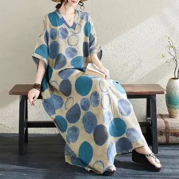 DIMANAF 2024 летнее платье больших размеров, пляжное женское платье с v-образным вырезом и цветочным принтом, праздничное повседневное мягкое синее льняное свободное платье макси One Size