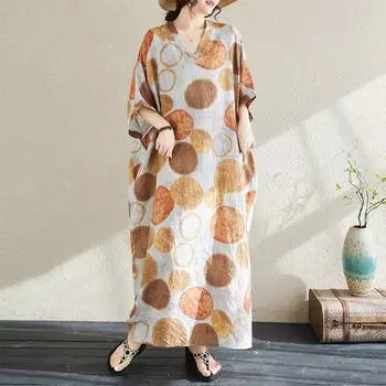 DIMANAF 2024 летнее платье больших размеров, пляжное женское платье с v-образным вырезом и цветочным принтом, праздничное повседневное мягкое льняное платье в горошек, свободные макси-платья One Size