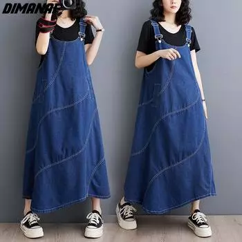 DIMANAF 2024 летнее платье больших размеров женское джинсовое свободное длинное платье с синим поясом повседневное без рукавов большого размера