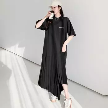 DIMANAF 2024, летнее платье больших размеров, женское однотонное свободное хлопковое повседневное черное длинное платье из двух предметов с круглым вырезом и коротким рукавом
