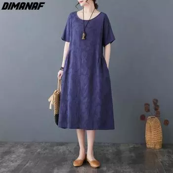 DIMANAF 2024 летнее платье больших размеров женское свободное базовое платье винтажное женское однотонное повседневное жаккардовое платье с коротким рукавом