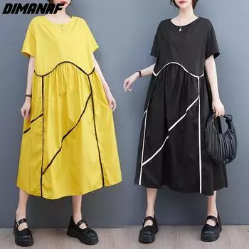 DIMANAF 2024 летнее платье больших размеров пляжный сарафан модный трапециевидный с коротким рукавом свободная длинная повседневная женская одежда